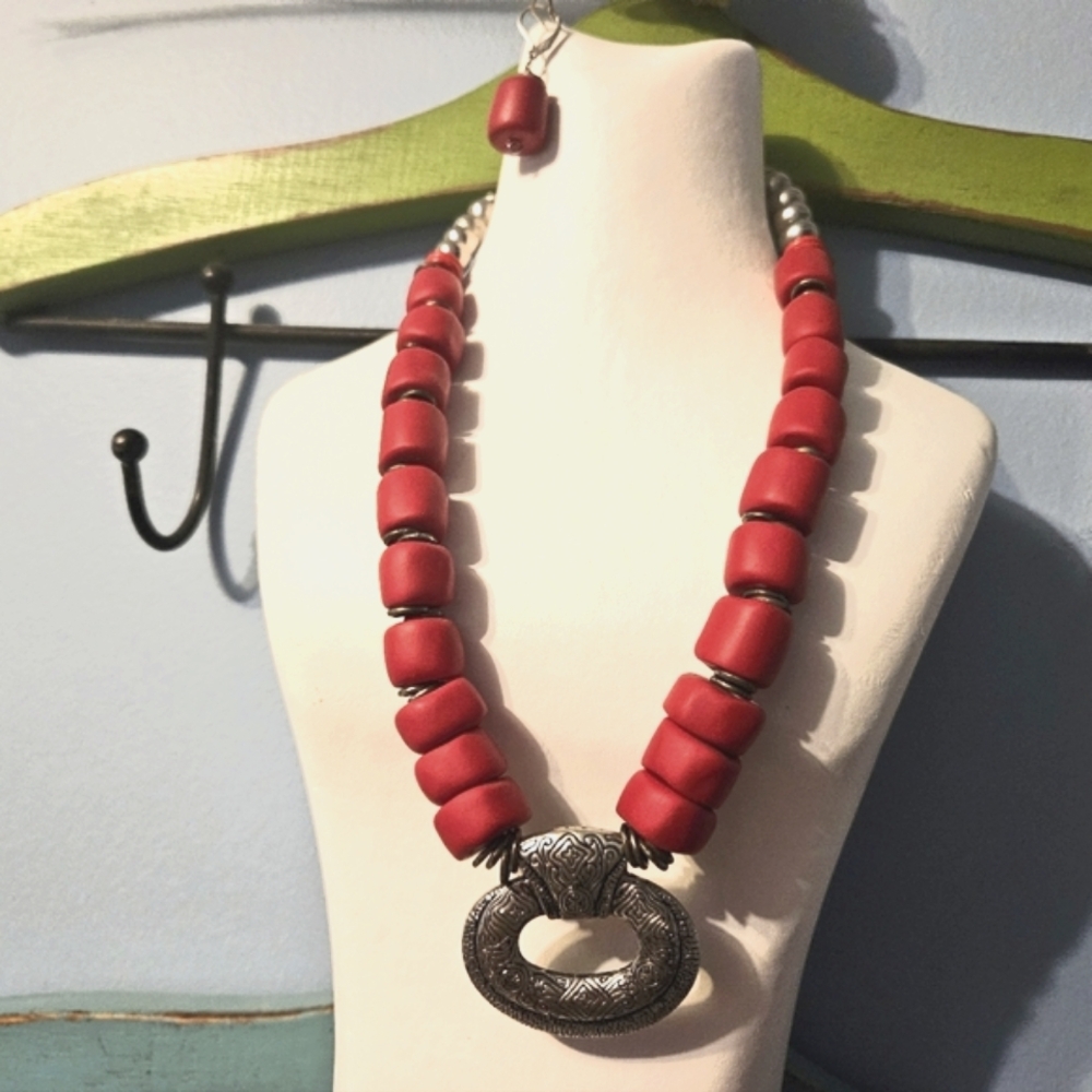 Red Polymer Clay with Metal Beads Necklace Set